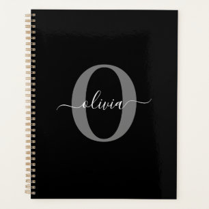 Personalised Monogram Script Name Black White Grey Planner