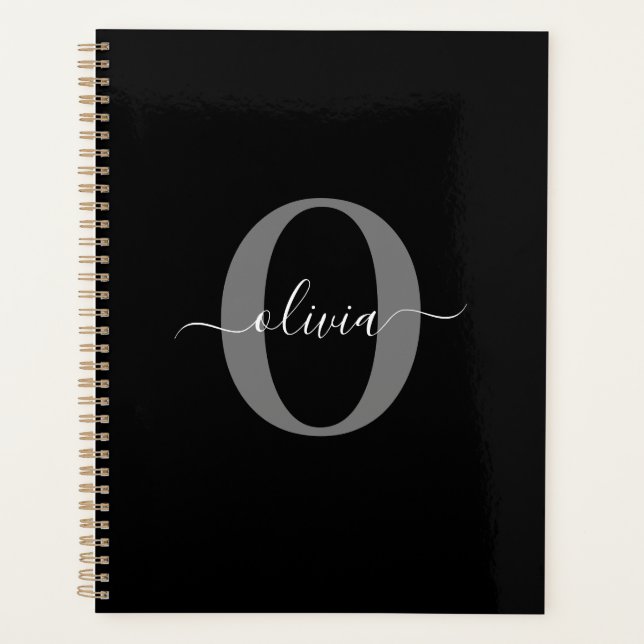 Personalised Monogram Script Name Black White Grey Planner (Front)