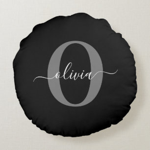 Personalised Monogram Script Name Black White Grey Round Cushion
