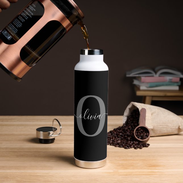 Personalised Monogram Script Name Black White Grey Water Bottle (Coffee)