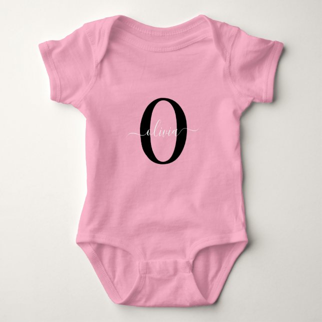 Personalised Monogram Script Name Black White Pink Baby Bodysuit (Front)