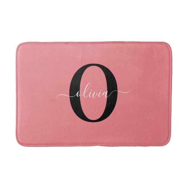 Personalised Monogram Script Name Black White Pink Bath Mat (Front)