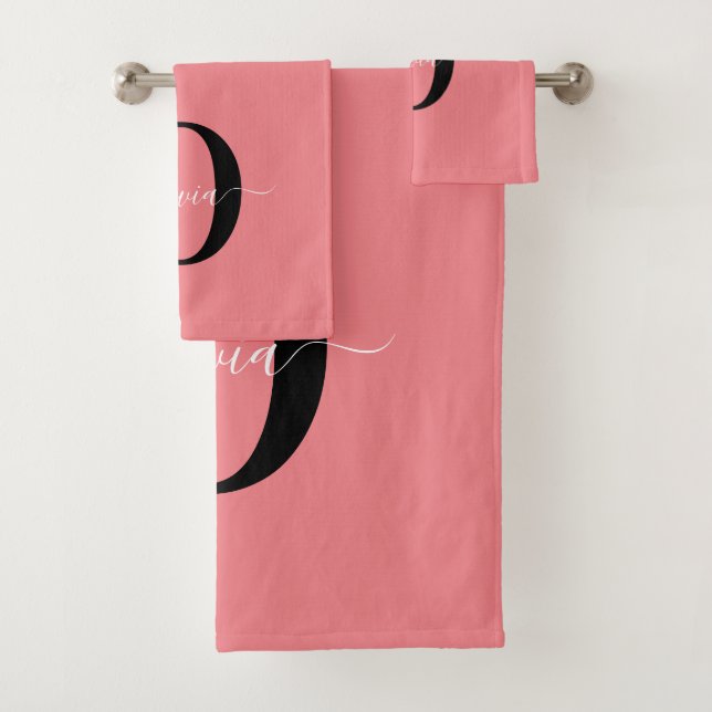 Personalised Monogram Script Name Black White Pink Bath Towel Set (Insitu)