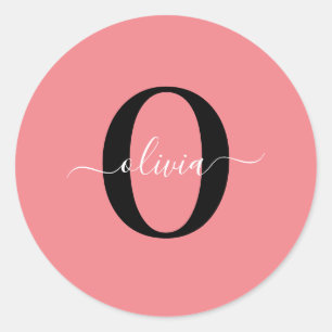 Personalised Monogram Script Name Black White Pink Classic Round Sticker