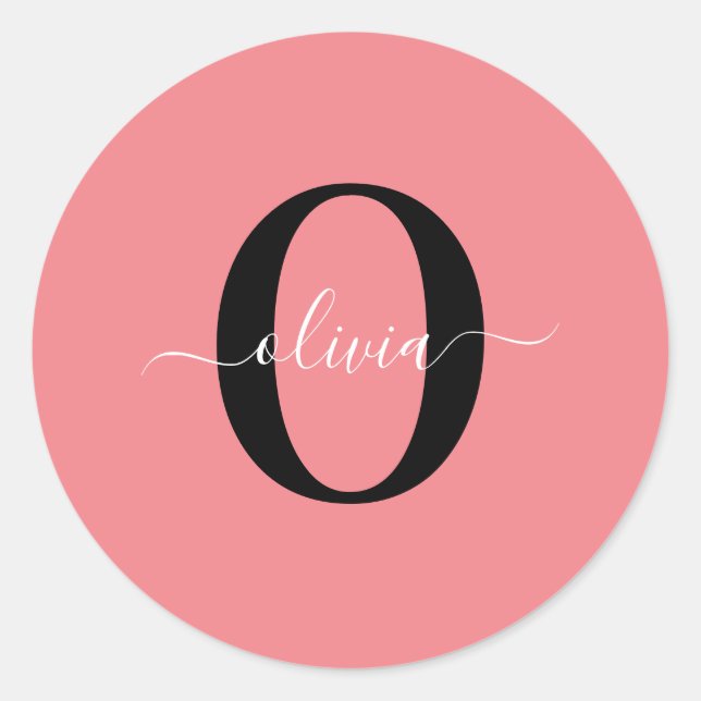 Personalised Monogram Script Name Black White Pink Classic Round Sticker (Front)