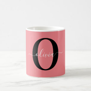 Personalised Monogram Script Name Black White Pink Coffee Mug
