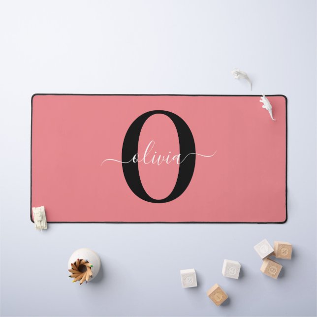 Personalised Monogram Script Name Black White Pink Desk Mat (Kids Table)
