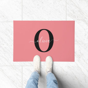 Personalised Monogram Script Name Black White Pink Doormat