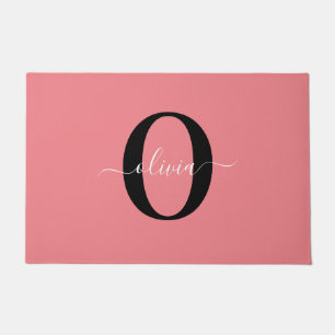 Personalised Monogram Script Name Black White Pink Doormat