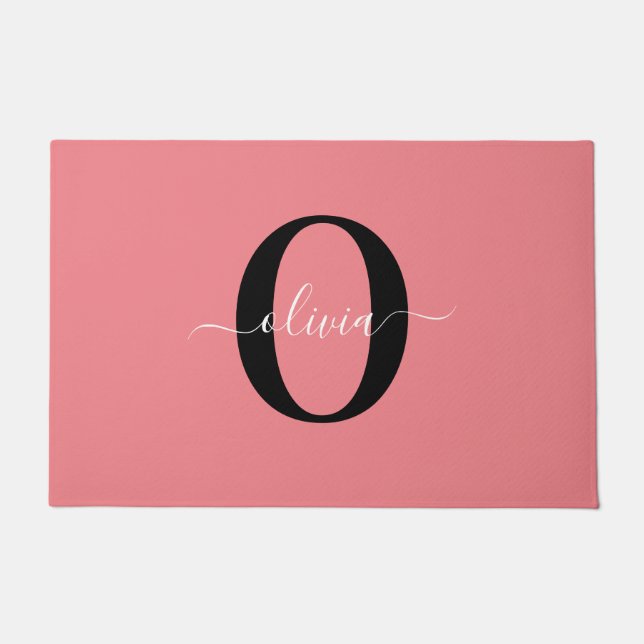Personalised Monogram Script Name Black White Pink Doormat (Front)