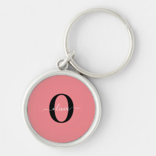Personalised Monogram Script Name Black White Pink Key Ring