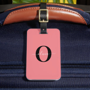 Personalised Monogram Script Name Black White Pink Luggage Tag