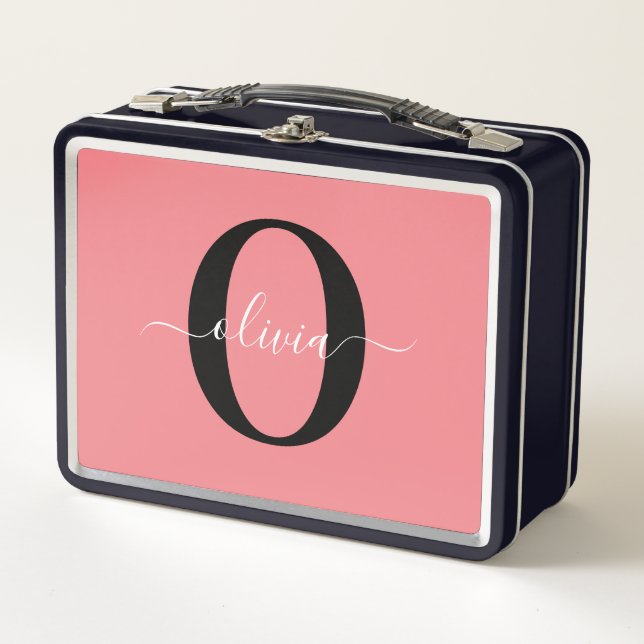 Personalised Monogram Script Name Black White Pink Metal Lunch Box (Front)