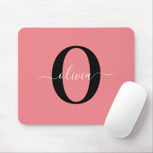 Personalised Monogram Script Name Black White Pink Mouse Mat