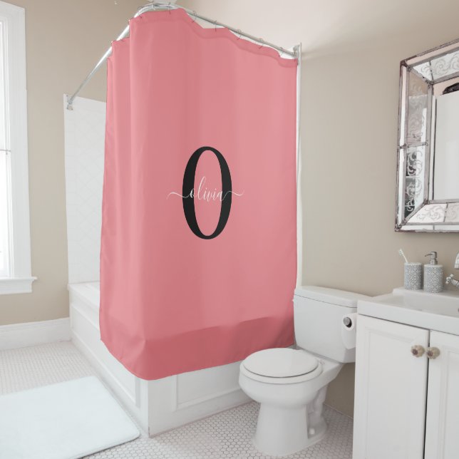 Personalised Monogram Script Name Black White Pink Shower Curtain (In Situ)
