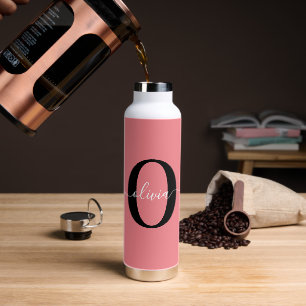 Personalised Monogram Script Name Black White Pink Water Bottle