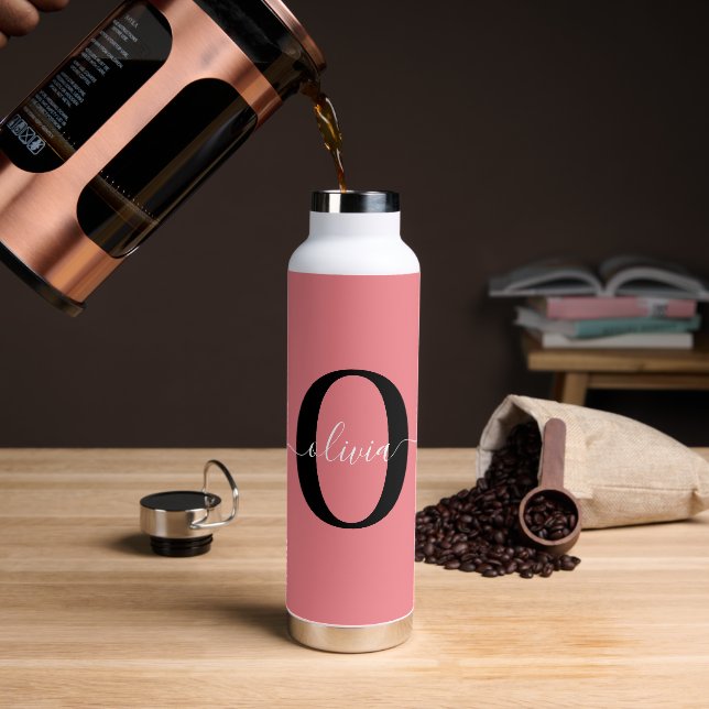 Personalised Monogram Script Name Black White Pink Water Bottle (Coffee)