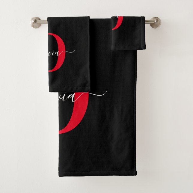Personalised Monogram Script Name Black White Red Bath Towel Set (Insitu)