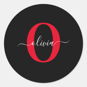Personalised Monogram Script Name Black White Red Classic Round Sticker