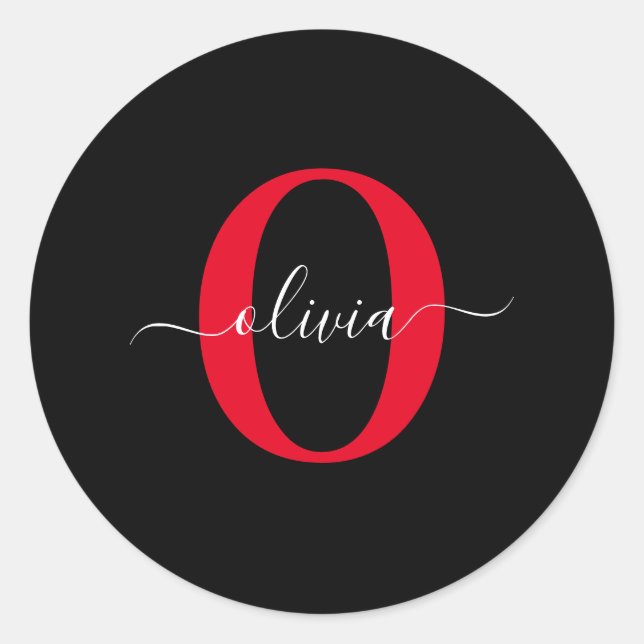 Personalised Monogram Script Name Black White Red Classic Round Sticker (Front)