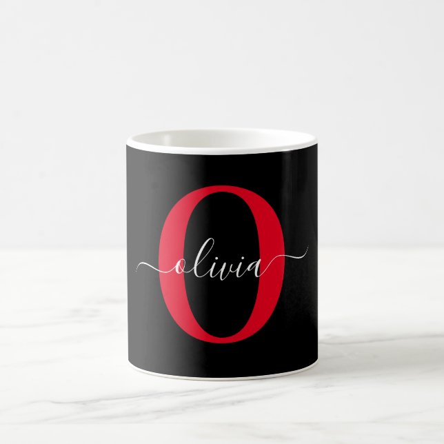 Personalised Monogram Script Name Black White Red Coffee Mug (Center)
