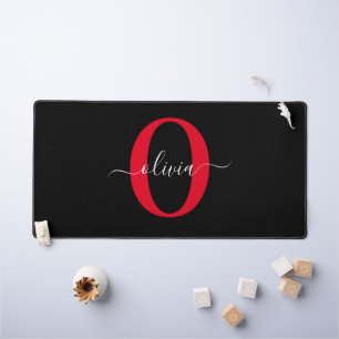 Personalised Monogram Script Name Black White Red Desk Mat