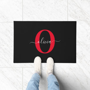 Personalised Monogram Script Name Black White Red Doormat