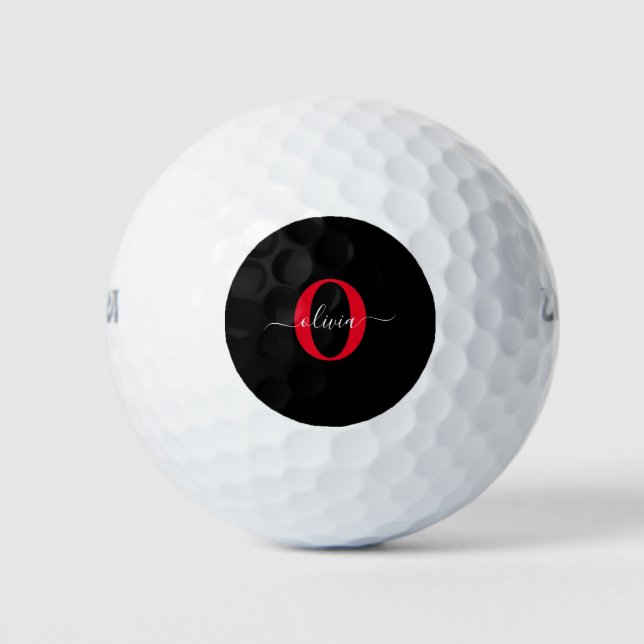 Personalised Monogram Script Name Black White Red Golf Balls (Front)