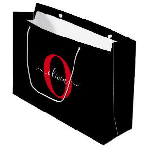 Personalised Monogram Script Name Black White Red Large Gift Bag