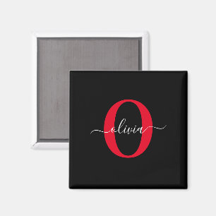 Personalised Monogram Script Name Black White Red Magnet
