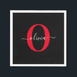 Personalised Monogram Script Name Black White Red Napkin<br><div class="desc">This elegant monogram and stylish script name design can be given as a gift for a birthday, wedding, bridal shower, anniversary, Mother's Day or any occasion. It can be personalised with the person's initial and name. You can change the font, font colour, font size and background colour using the Design...</div>