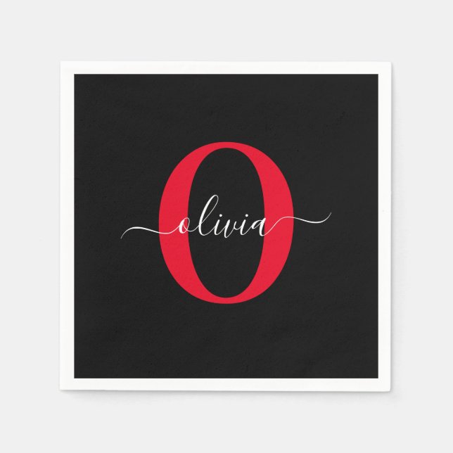 Personalised Monogram Script Name Black White Red Napkin (Front)