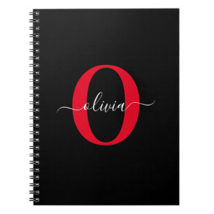 Personalised Monogram Script Name Black White Red Notebook