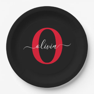 Personalised Monogram Script Name Black White Red Paper Plate
