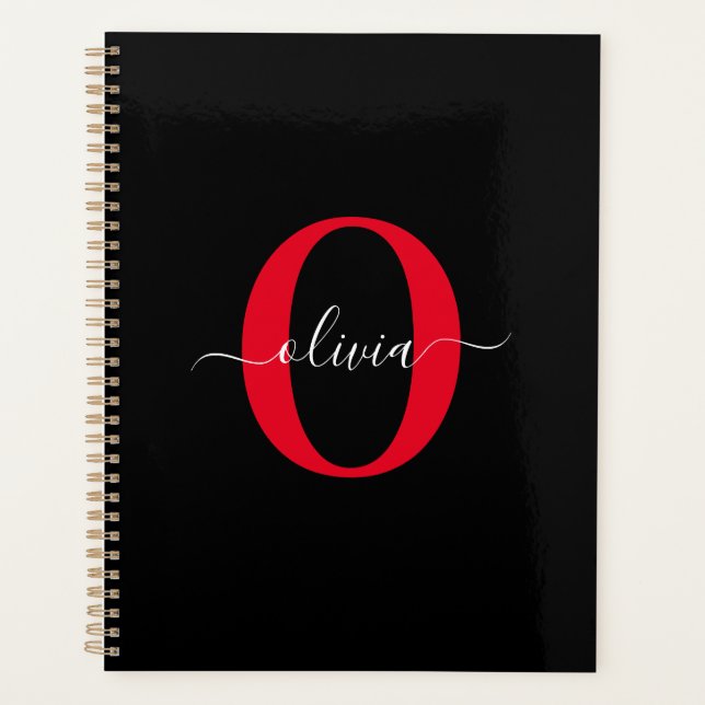 Personalised Monogram Script Name Black White Red Planner (Front)