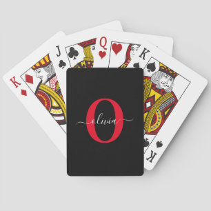 Personalised Monogram Script Name Black White Red Playing Cards