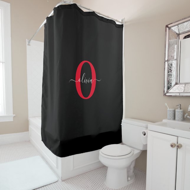 Personalised Monogram Script Name Black White Red Shower Curtain (In Situ)
