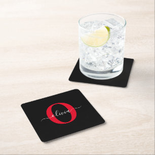 Personalised Monogram Script Name Black White Red Square Paper Coaster