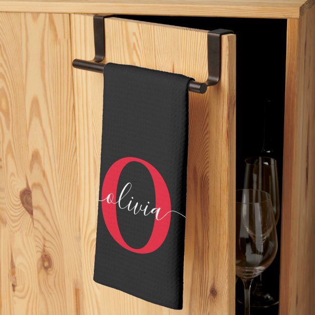 Personalised Monogram Script Name Black White Red Tea Towel (Thirds Fold)