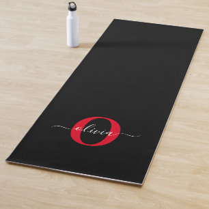 Personalised Monogram Script Name Black White Red Yoga Mat