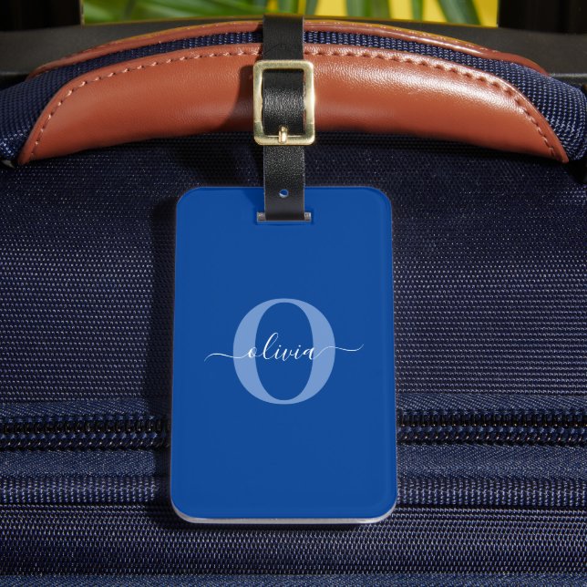Personalised Monogram Script Name Blue White Luggage Tag (Front Insitu 2)