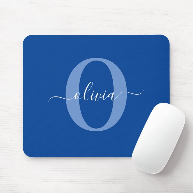 Personalised Monogram Script Name Blue White Mouse Mat (With Mouse)