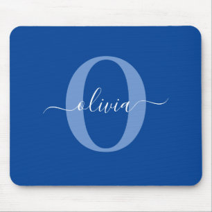 Personalised Monogram Script Name Blue White Mouse Mat