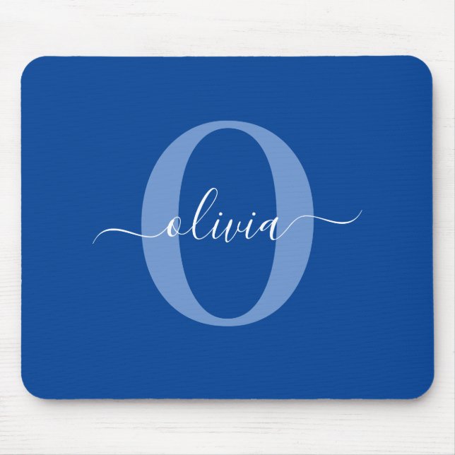 Personalised Monogram Script Name Blue White Mouse Mat (Front)