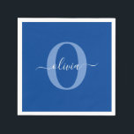 Personalised Monogram Script Name Blue White Napkin<br><div class="desc">This elegant monogram and stylish script name design can be given as a gift for a birthday, wedding, bridal shower, anniversary, Mother's Day or any occasion. It can be personalised with the person's initial and name. You can change the font, font colour, font size and background colour using the Design...</div>