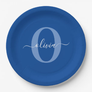 Personalised Monogram Script Name Blue White Paper Plate