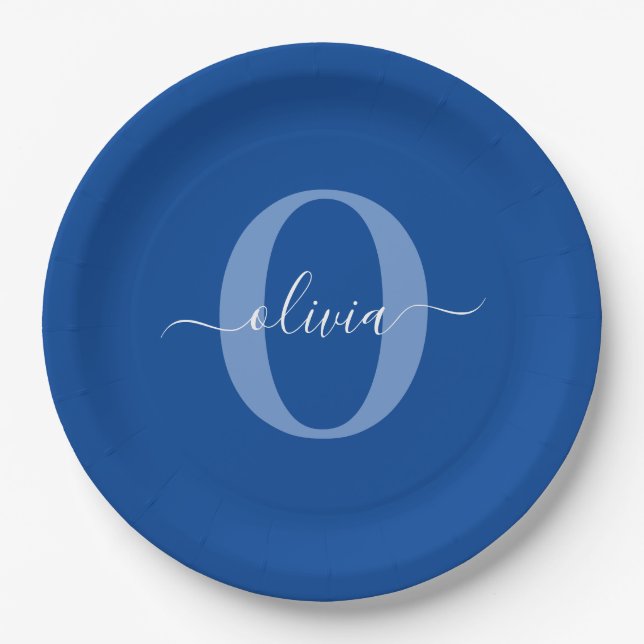 Personalised Monogram Script Name Blue White Paper Plate (Front)