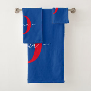 Personalised Monogram Script Name Blue White Red Bath Towel Set