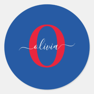 Personalised Monogram Script Name Blue White Red Classic Round Sticker