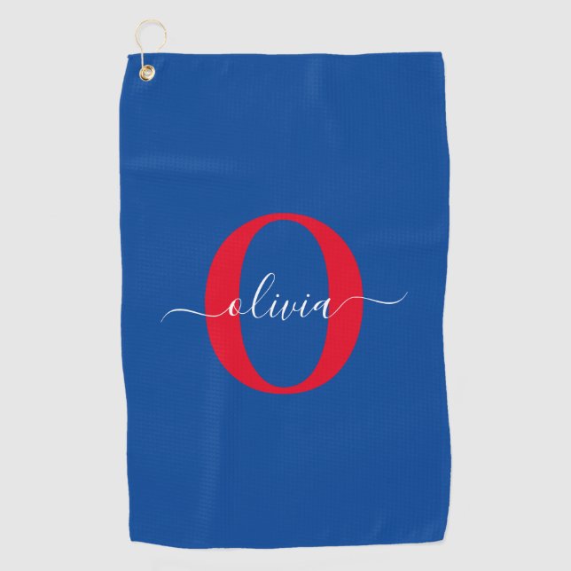 Personalised Monogram Script Name Blue White Red Golf Towel (Front)